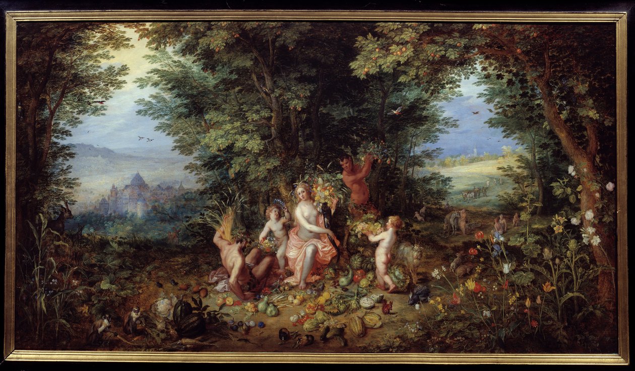 Cztery żywioły: Alegoria „Ziemia”. Widok raju Ziemi. Obraz Jana Brueghela Le Vieux nazywa Brueghel de Velours (Brueghel lub Brueghel autorstwa Jan the Elder Brueghel