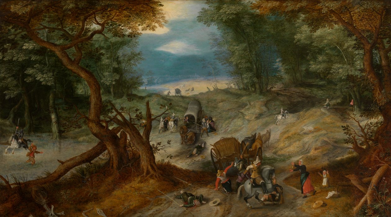 Podróżni zaatakowani przez żołnierzy (olej) autorstwa Jan the Elder Brueghel