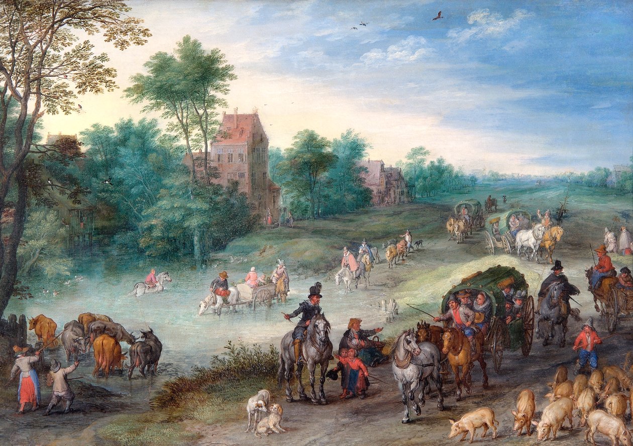 Podróżnicy na wiejskiej drodze z bydłem i świniami autorstwa Jan the Elder Brueghel