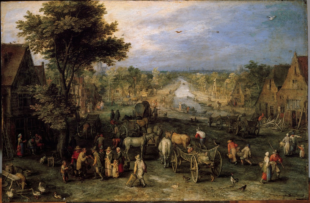 Wioska z wózkami (malarstwo autorstwa Jan the Elder Brueghel