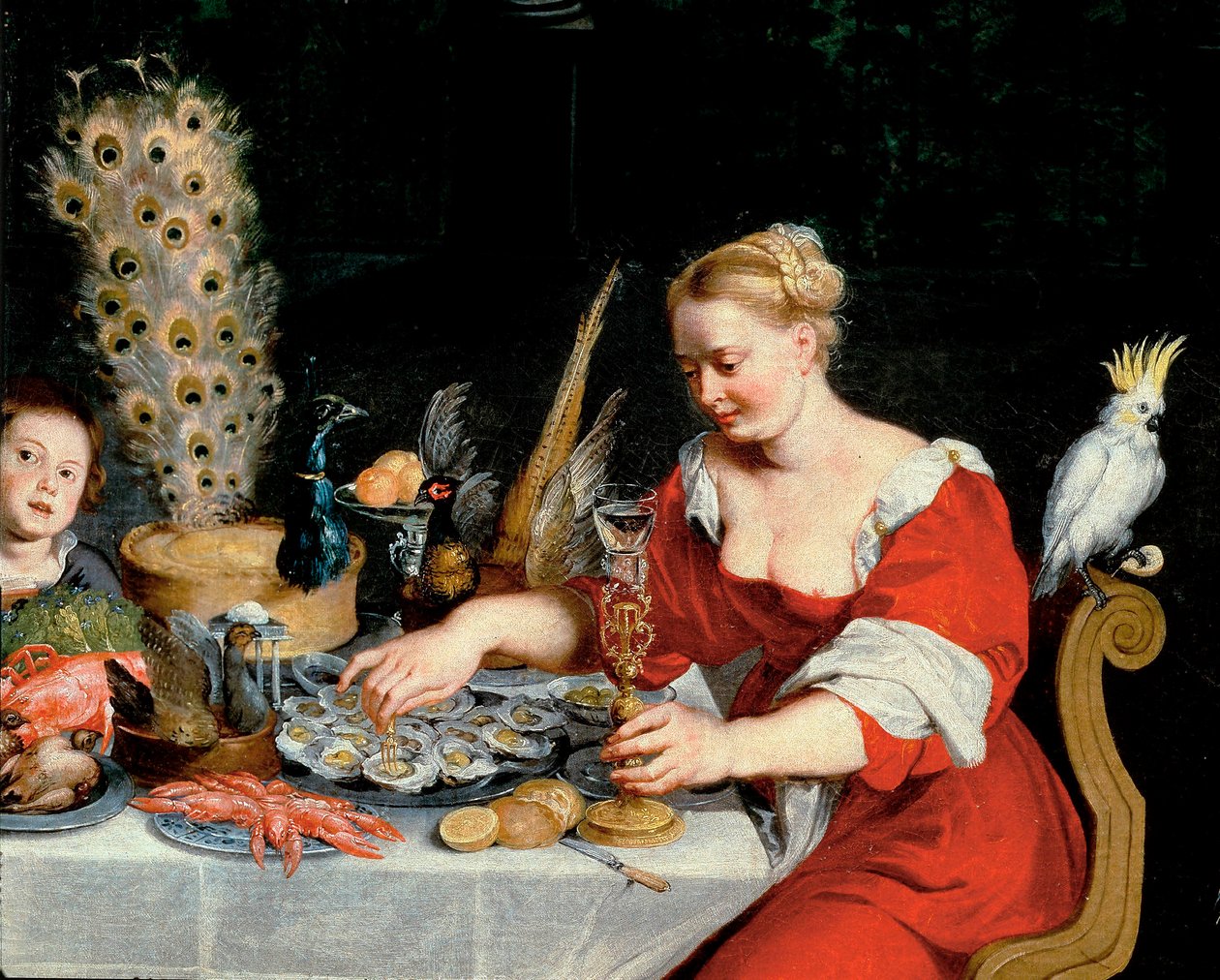 Kobieta je ostrygi, fragment z Alegorii czterech żywiołów autorstwa Jan the Elder Brueghel