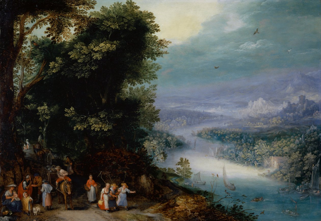 Zalesiona dolina rzeki z drogą, ok. 1602 autorstwa Jan the Elder Brueghel