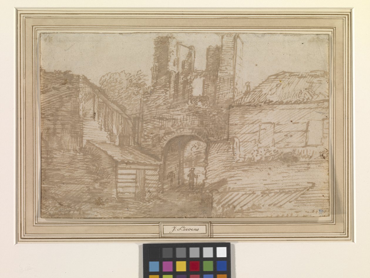 Zewnętrzna brama ruin zamku Brederode (pióro i brązowy atrament na złamanej bieli) autorstwa Jan the Elder Lievens