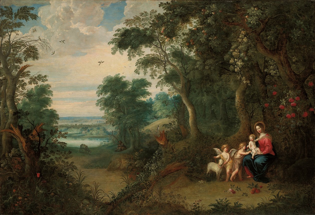 Zalesiony pejzaż z Matką Boską z Dzieciątkiem, niemowlęciem św. Janem Chrzcicielem i aniołem autorstwa Jan Brueghel the Younger