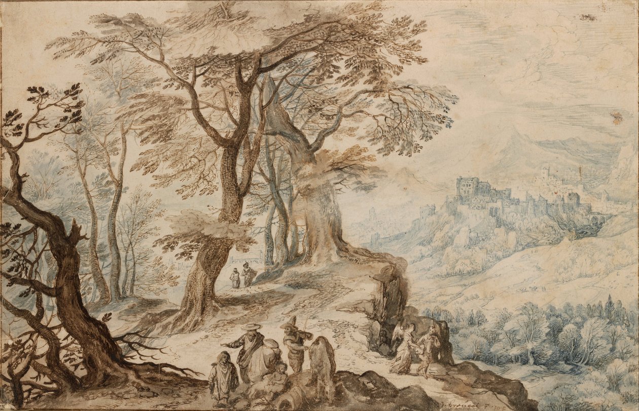 Krajobraz z Tobiaszem (Tobie) i Aniołem - Peinture de Jan Brueghel Młodszy (1601-1678) - 1596 - Pióro, pędzel, kolor brązowy, czarna kreda, akwarela na papierze - 20,2x31,3 - Muzeum Szepmuveszeti, Budapeszt autorstwa Jan the Younger Brueghel