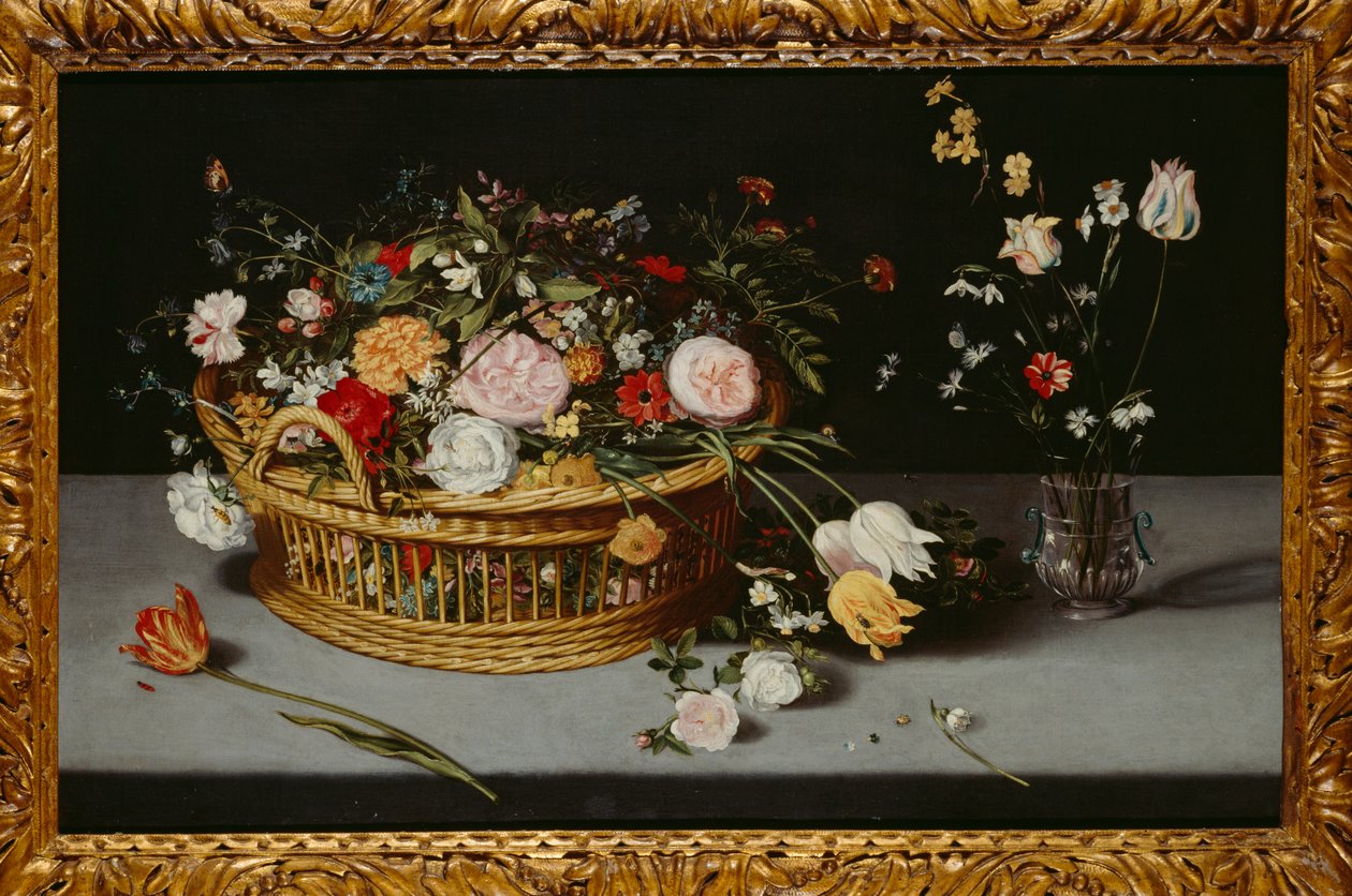 Martwa natura z koszem i wazonem z kwiatami (olej na płótnie) autorstwa Jan the Younger Brueghel