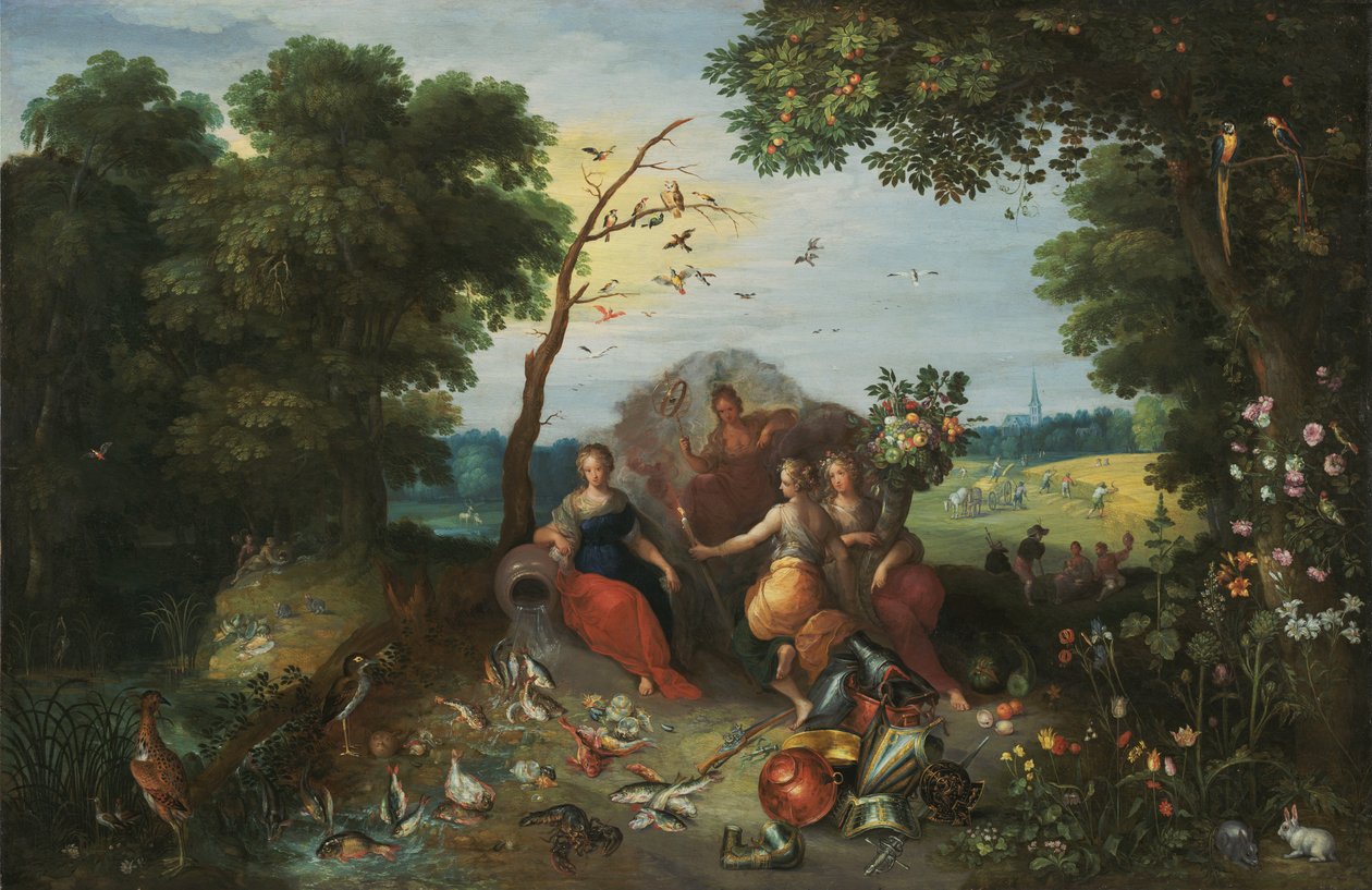 Krajobraz z alegoriami czterech żywiołów autorstwa Jan the Younger & Francken or Franck Ambrosius II (c.1590-1632) Brueghel