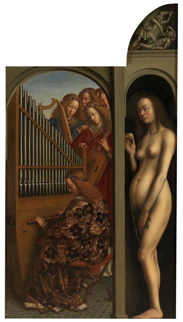 Muzykujące anioły i Ewa (olej na płótnie) autorstwa Jan van (after) Eyck