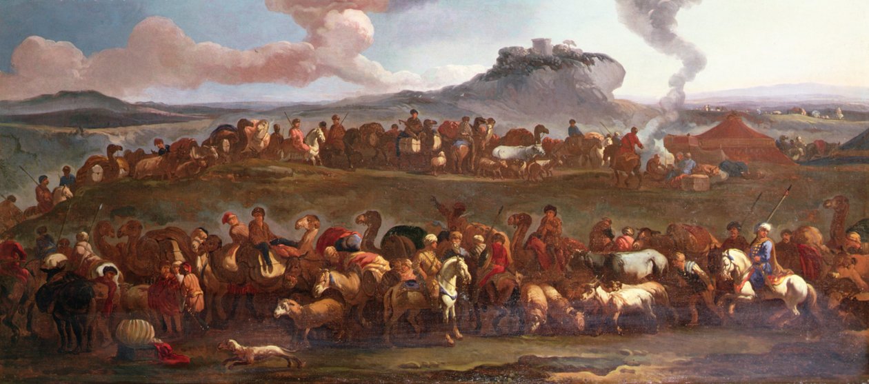 Turecka karawana w krajobrazie (olej na płótnie) autorstwa Jan van (attr. to) Huchtenburgh