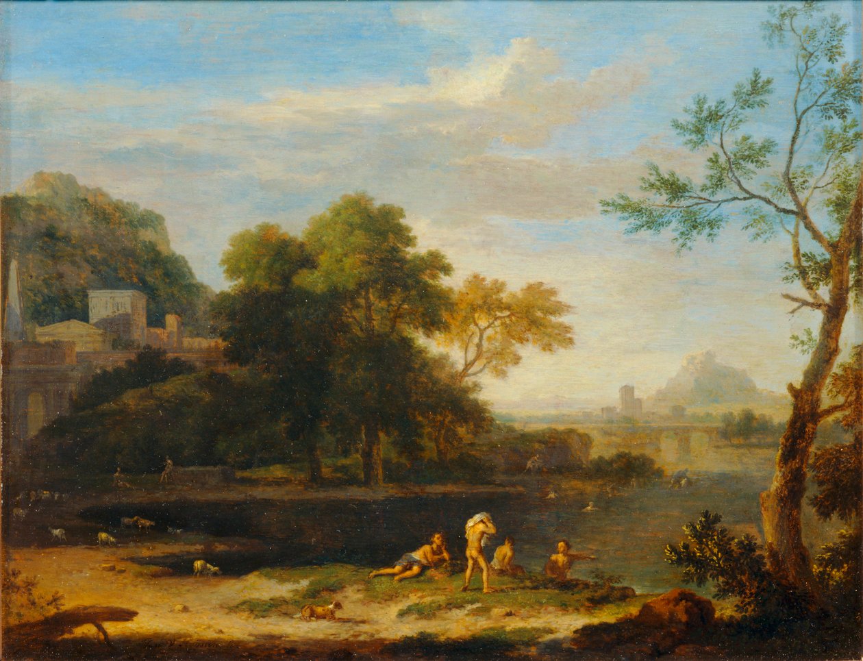 Paysage avec baigneurs - Krajobraz z kąpiącymi się ... autorstwa Jan van (follower of) Huysum