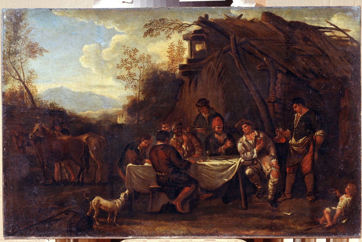 Wesołe spotkanie (Wesołe spotkanie). Obraz Jana Miela (1599-1664). Sztuka w stylu flamandzkiego baroku. Olej na płótnie. Regionalne Muzeum Sztuki im. I. Kramskoi, Woroneż (Woroneż, Rosja). autorstwa Jan van Bike Miel