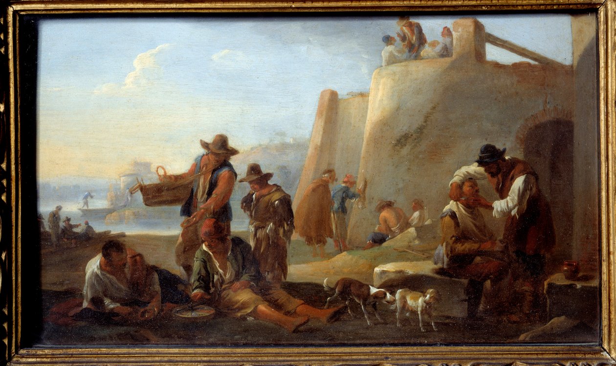 Fryzjer neapolitański. Obraz Jana Miela (1599-1663) Ec. Bujda. autorstwa Jan van Bike Miel