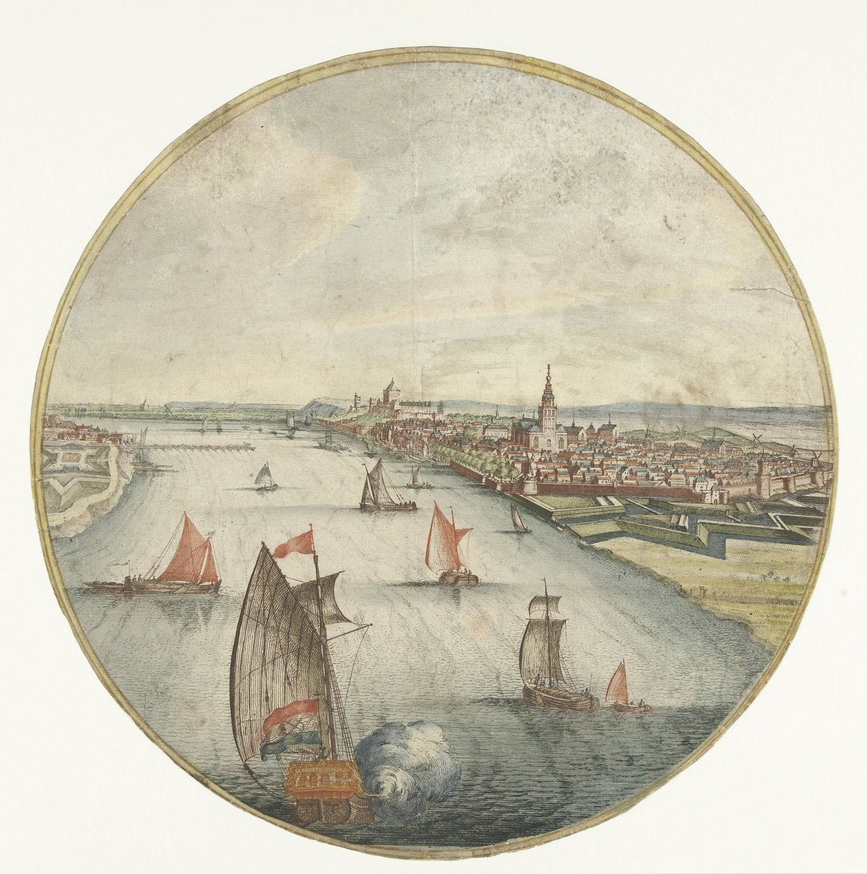Widok na Nijmegen z Waal i Valkhofburcht autorstwa Jan van Call (I) (attributed to)