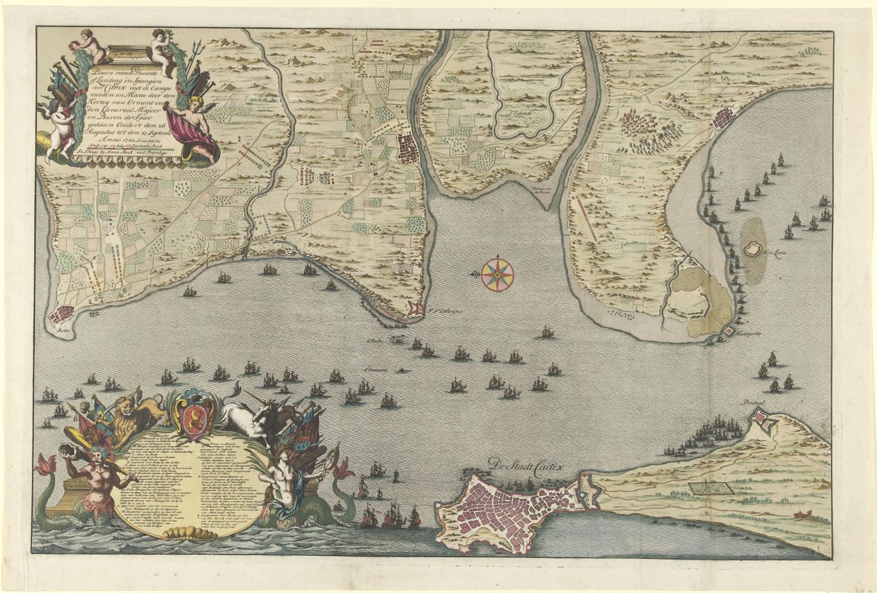 Mapa lądowania i ekspedycji aliantów w Kadyksie, 1702 Plan Dissante of Landing in Spangien dla Cadix z Campements i Marse sporządzony przez księcia Ormont i generała Majora i barona de Spar Ceederta 26 sierpnia do autorstwa Jan van Call (I)