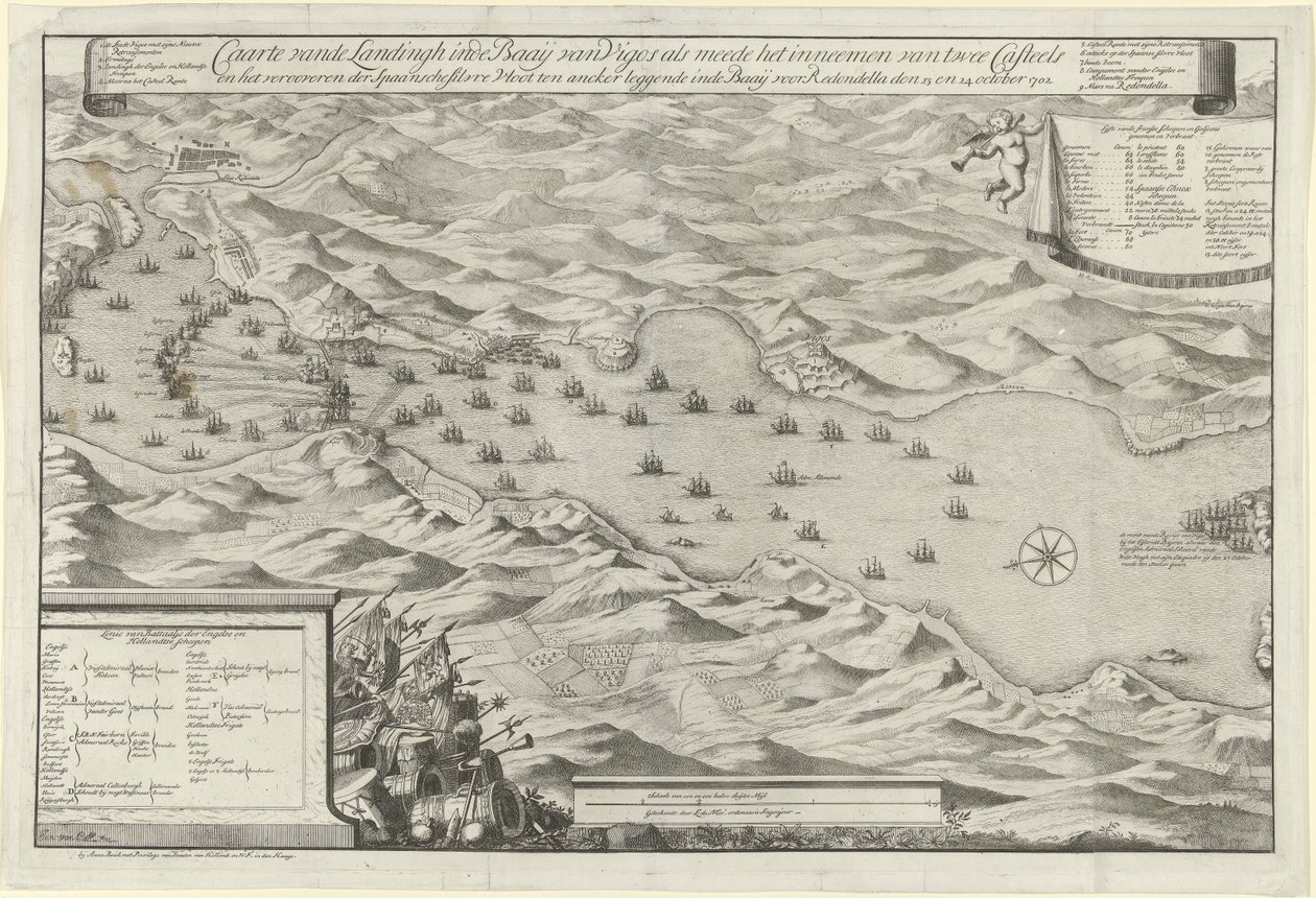 Bitwa o zatokę w Vigo i zdobycie hiszpańskiej srebrnej floty, 1702 Caarte vande Landingh w Zatoce Vigos w ramach schwytania dwóch Casteels i schwytania Hiszpańskiej Srebrnej Floty zakotwiczonej w Zatoce dla Redondella den autorstwa Jan van Call (I)