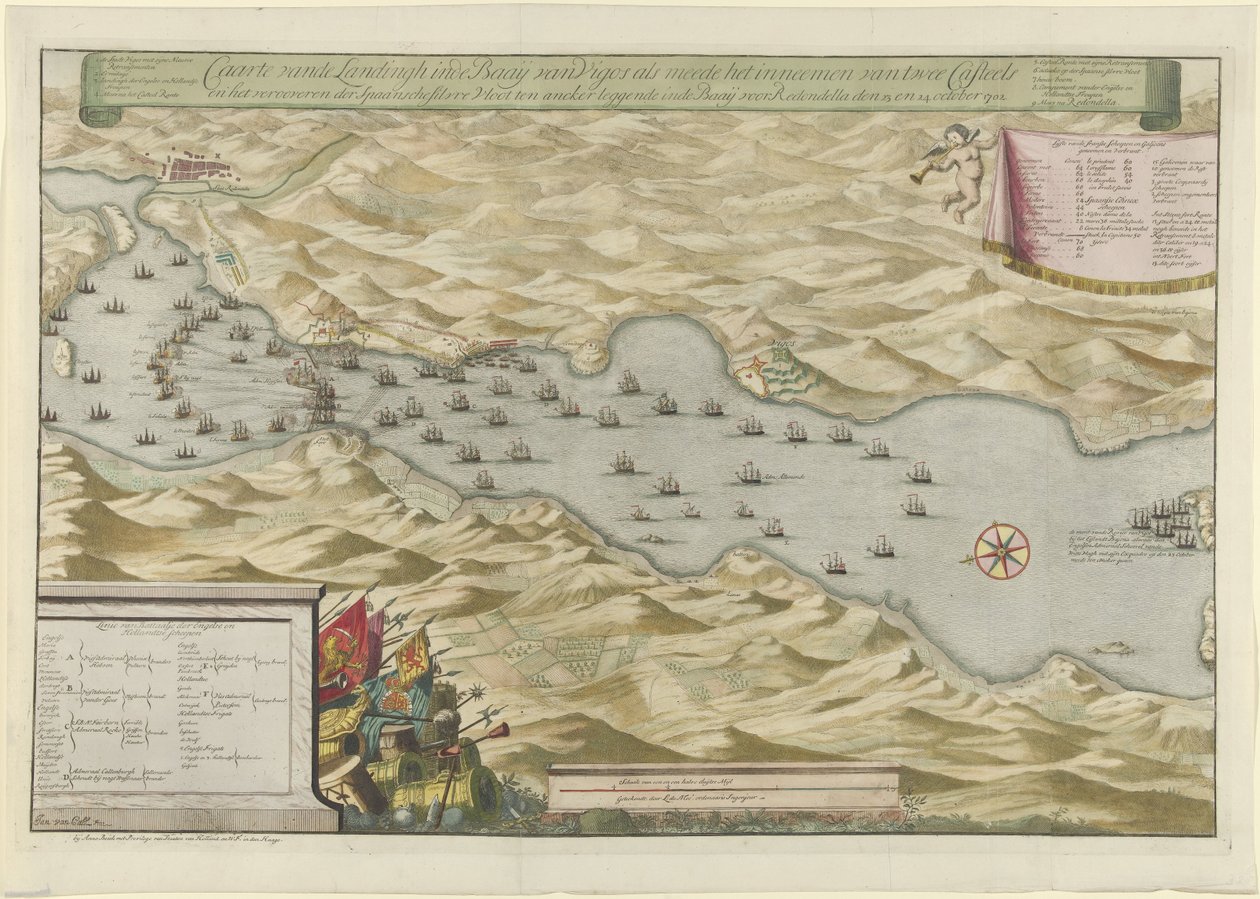 Bitwa o zatokę w Vigo i zdobycie hiszpańskiej srebrnej floty, 1702 Caarte vande Landingh w Zatoce Vigos w ramach schwytania dwóch Casteels i schwytania Hiszpańskiej Srebrnej Floty zakotwiczonej w Zatoce dla Redondella den autorstwa Jan van Call (I)