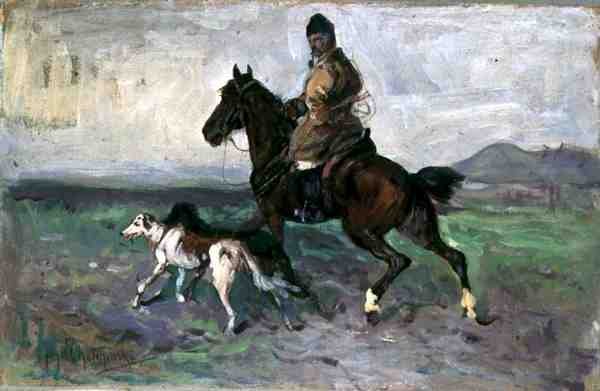 Jeździec z chartami, ok. 1890 (olej na pokładzie) autorstwa Jan van Chelminski