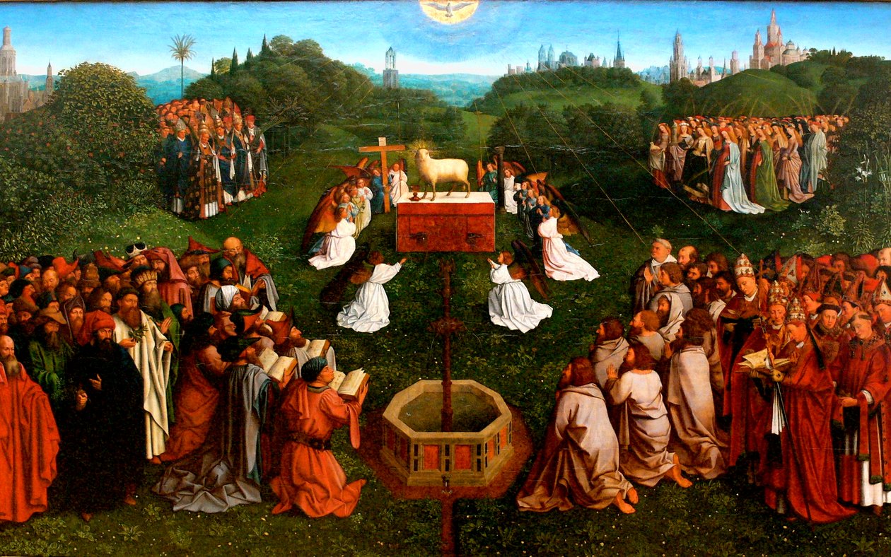 Adoracja Baranka z ołtarza gandawskiego autorstwa Jan van Eyck