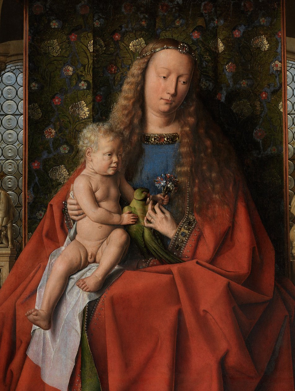 Fragment obrazu Matki Boskiej z Dzieciątkiem ze świętymi Donacjanem i Jerzym oraz kanonikiem Jorisem van der Paele, ok. 1436 r. (olej na drewnie) autorstwa Jan van Eyck