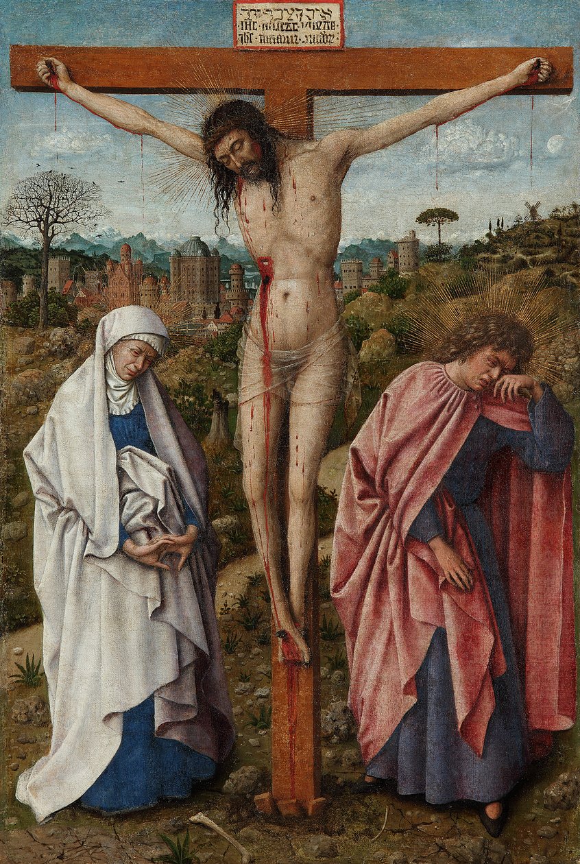 Niemiecki: Die Kreuzigung Christi Chrystus na krzyżu z Dziewicą i św. Janem autorstwa Jan van Eyck