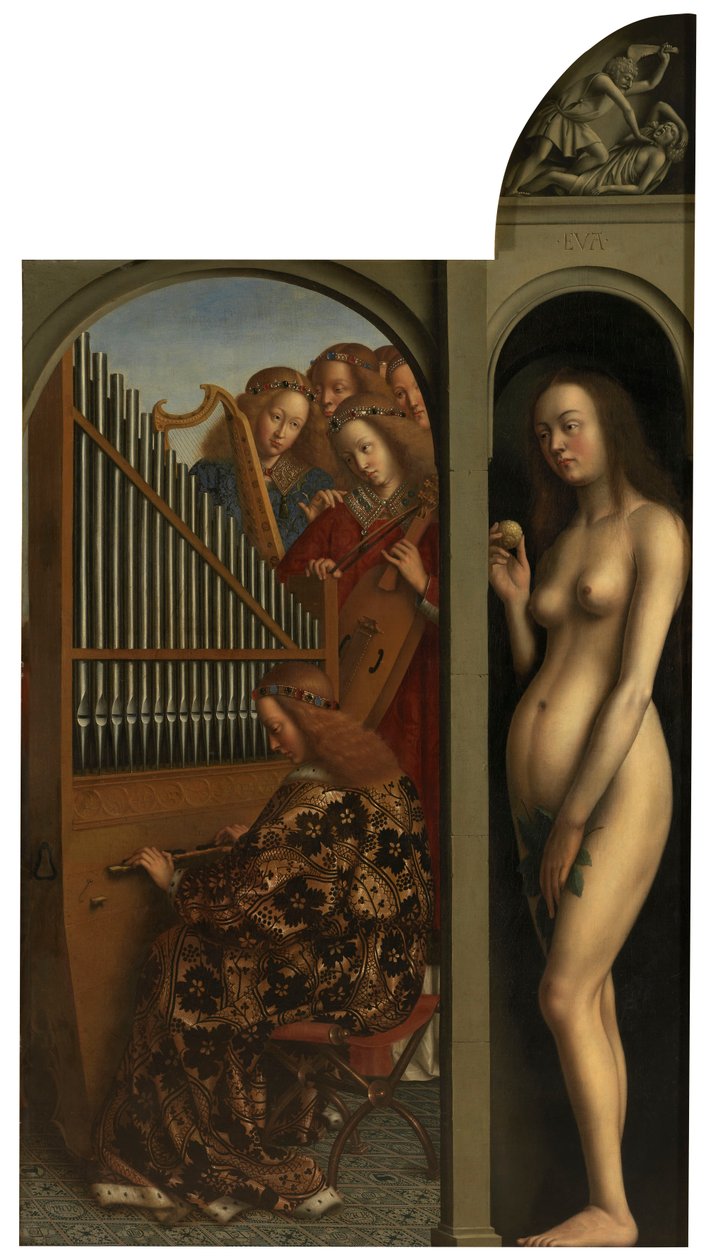 Anioły grające na instrumentach i Ewa autorstwa Jan van Eyck