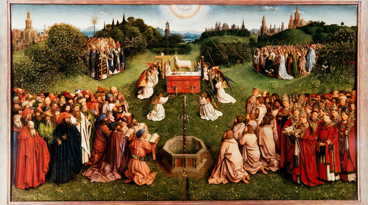Ołtarz Gandawski. Adoracja Baranka Mistycznego, 1432. autorstwa Jan van Eyck