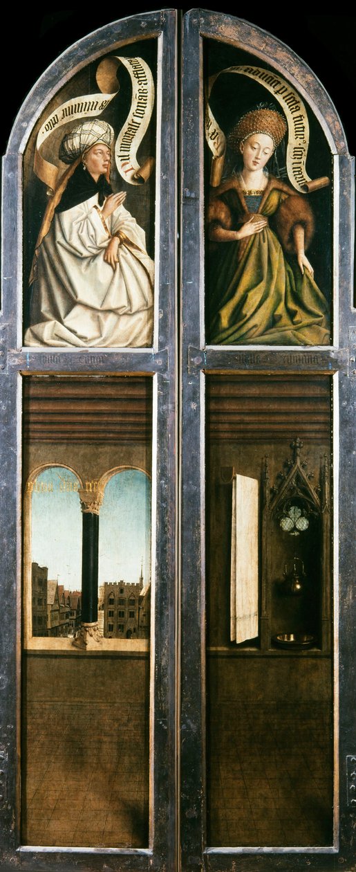 Ołtarz Gandawski. Adoracja Mistycznego Baranka: Łukowe okno z widokiem..., 1432. autorstwa Jan van Eyck