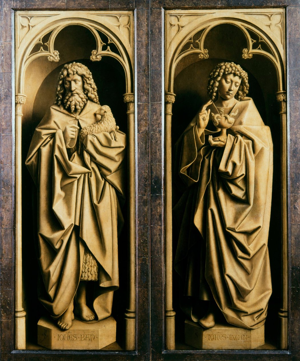 Ołtarz Gandawski. Adoracja Baranka Mistycznego: Jan Chrzciciel i Jan Ewangelista, 1432. autorstwa Jan van Eyck