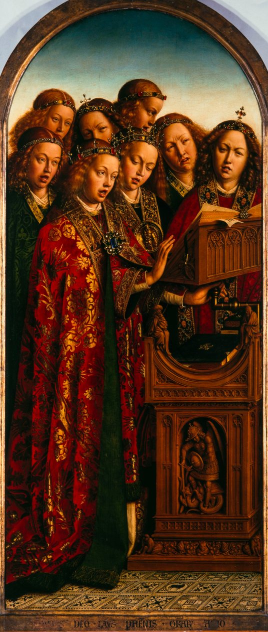 Ołtarz Gandawski. Adoracja Baranka Mistycznego: Śpiewające anioły, 1432. autorstwa Jan van Eyck