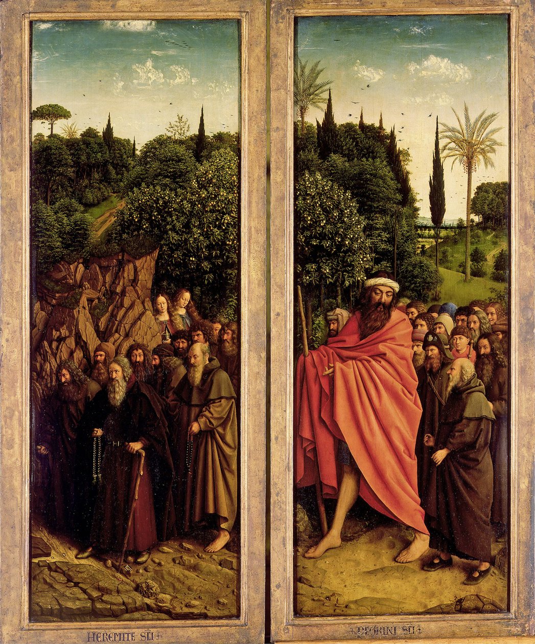 Ołtarz Gandawski. Adoracja Mistycznego Baranka: Święci Pustelnicy i Święci Pielgrzymi, 1432. autorstwa Jan van Eyck