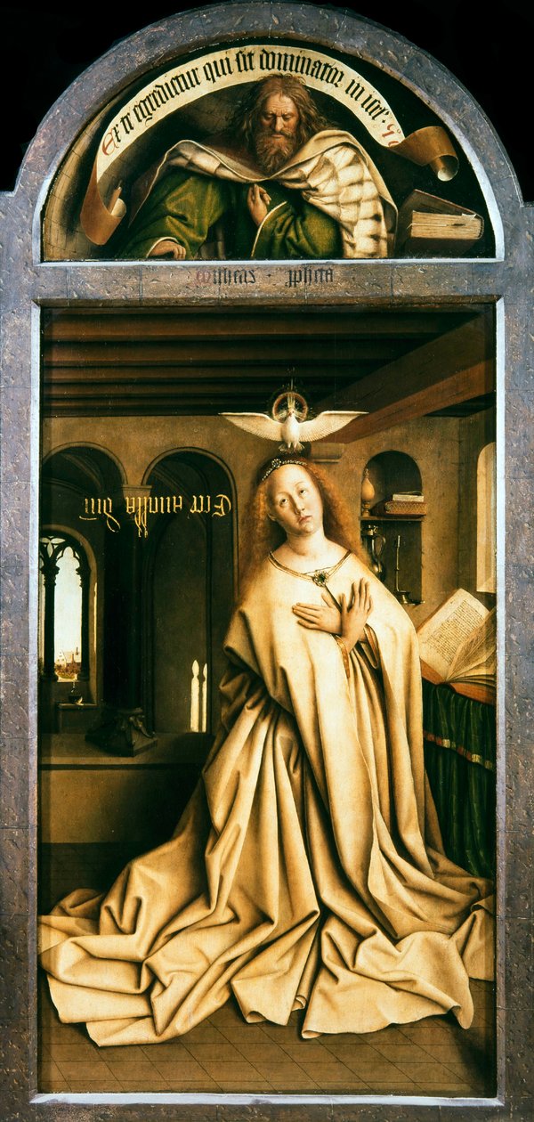 Ołtarz Gandawski. Adoracja Baranka Mistycznego: Zwiastowanie Dziewicy, 1432. autorstwa Jan van Eyck