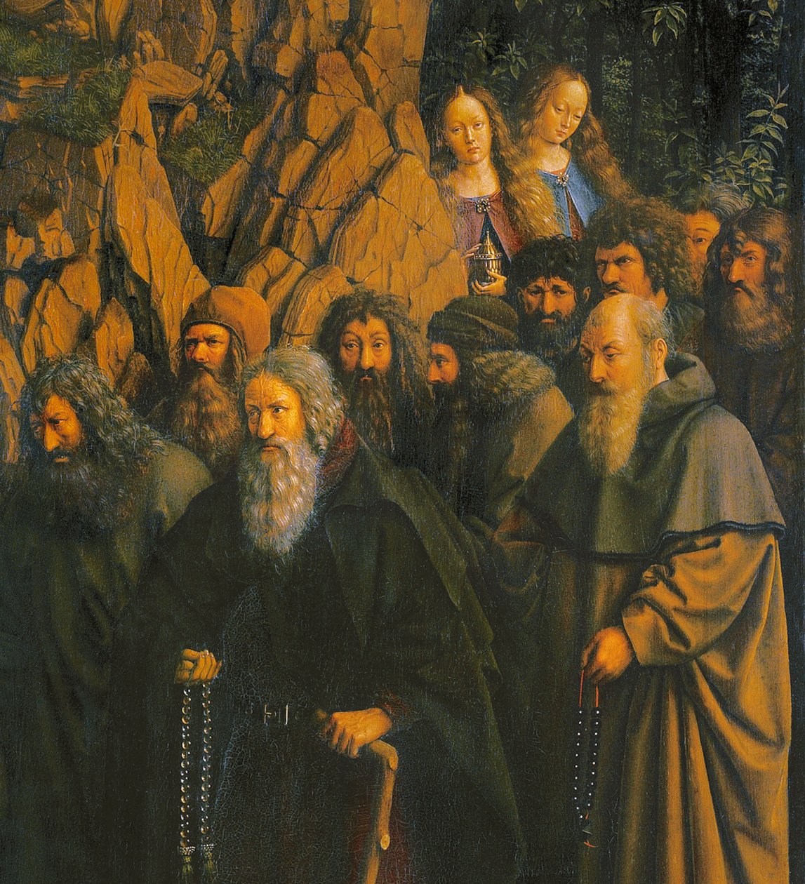 Pustelnicy prowadzeni przez św. Krzysztofa z prawej strony Ołtarza Gandawskiego autorstwa Jan van Eyck