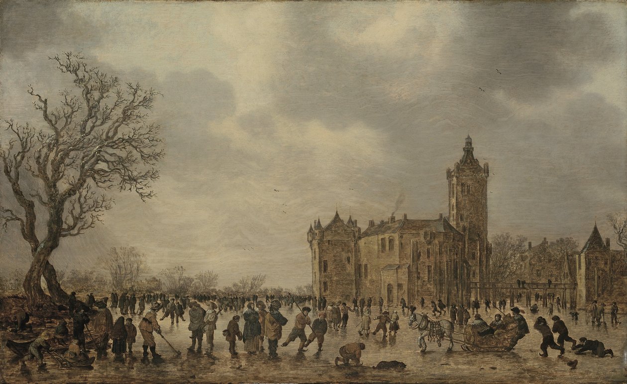 Zimowy krajobraz z postaciami desportującymi się na lodzie przy zamku Montfoort autorstwa Jan van Goyen
