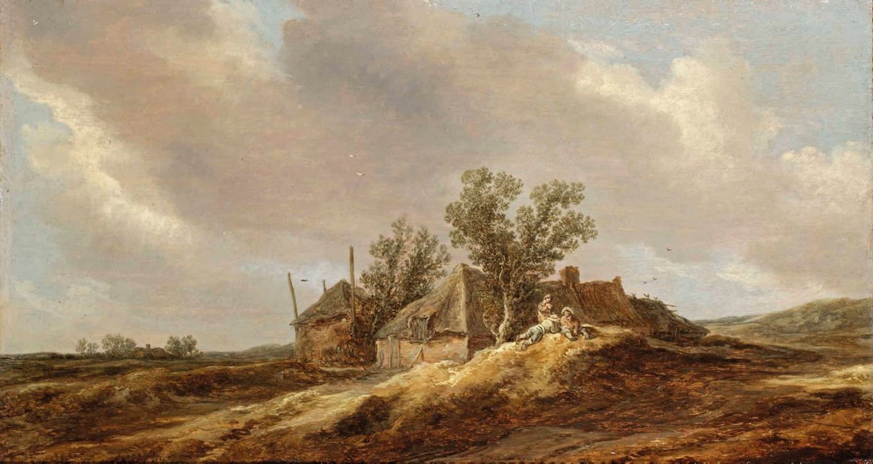 Rozległy krajobraz wydmowy z chłopami odpoczywającymi przed domem wiejskim autorstwa Jan van Goyen