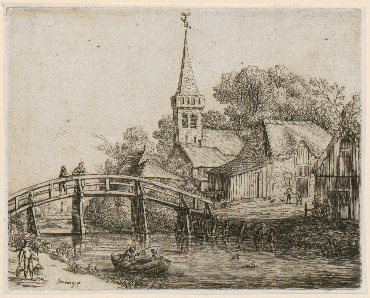 Drewniany most, plansza 4 z cyklu „Różne krajobrazy” autorstwa Jan van Goyen