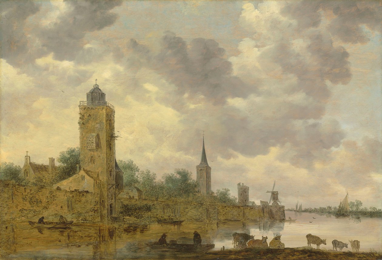 Krajobraz z murami miejskimi i latarnią morską autorstwa Jan van Goyen