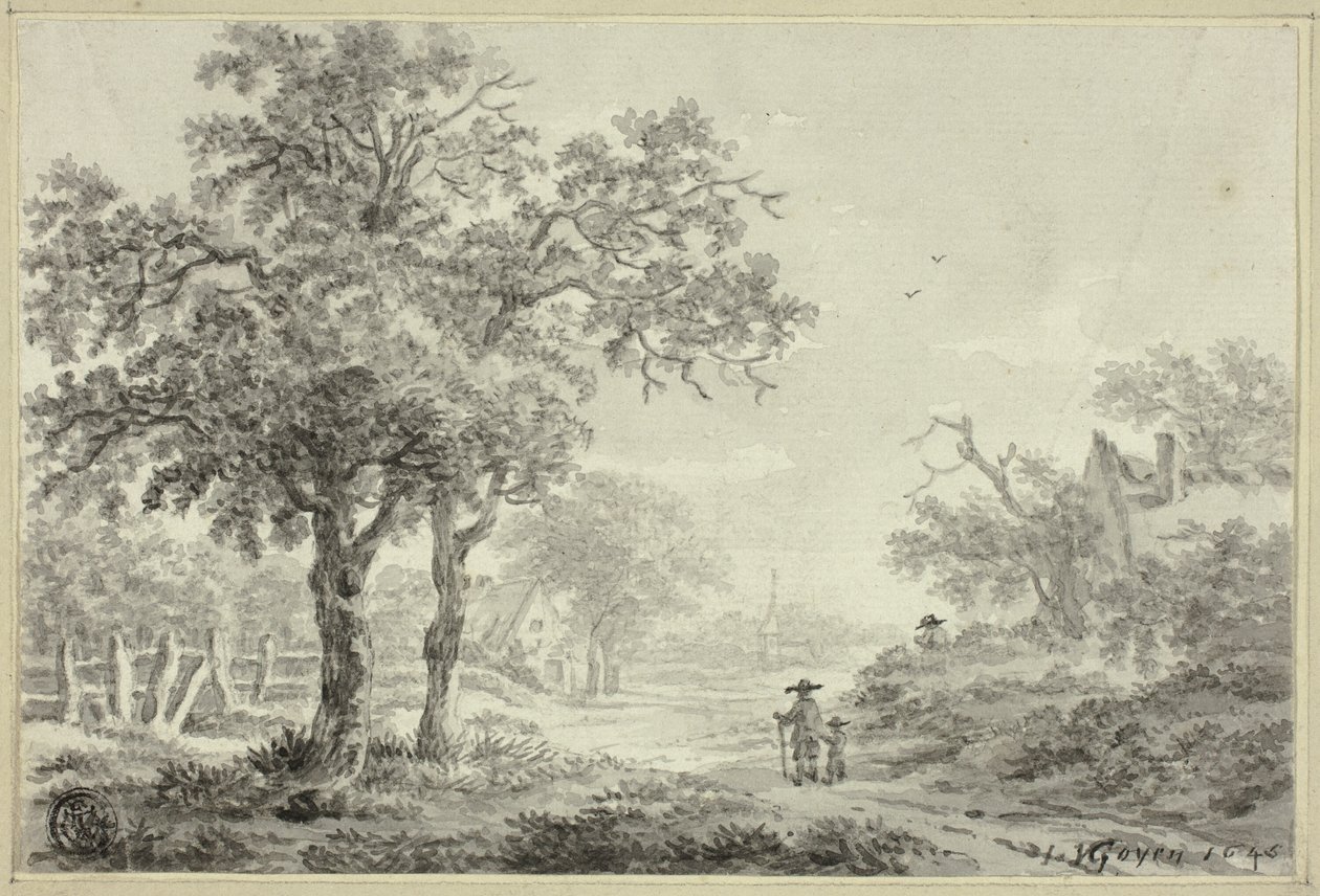 Mężczyzna i chłopiec idący wiejską drogą autorstwa Jan van Goyen