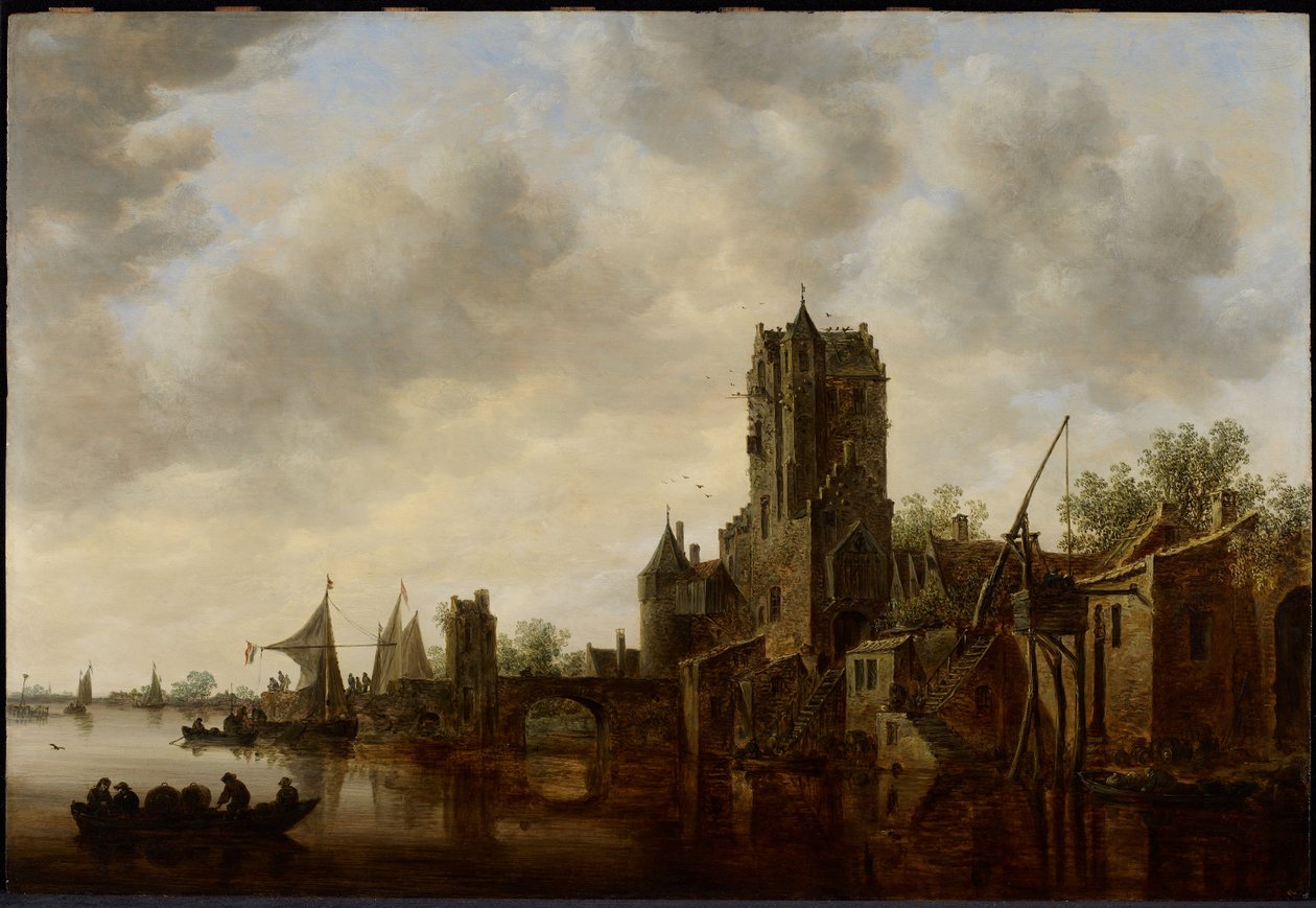 Pejzaż rzeczny z bramą Pellecussen w pobliżu Utrechtu autorstwa Jan van Goyen