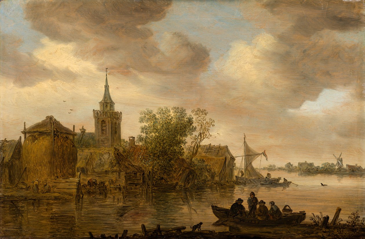 Widok na rzekę z kościołem i gospodarstwem autorstwa Jan van Goyen