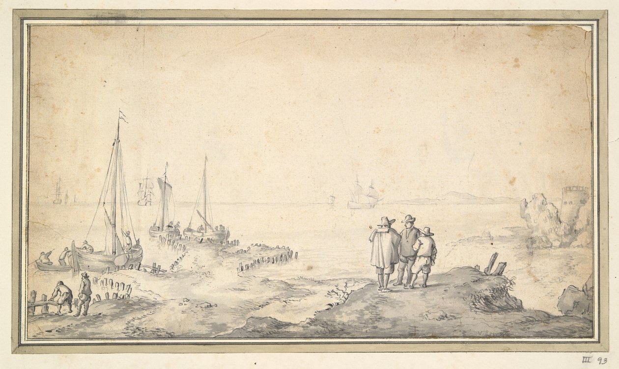 Trzy postacie na zatoce z widokiem na wydmę ze statkami autorstwa Jan van Goyen
