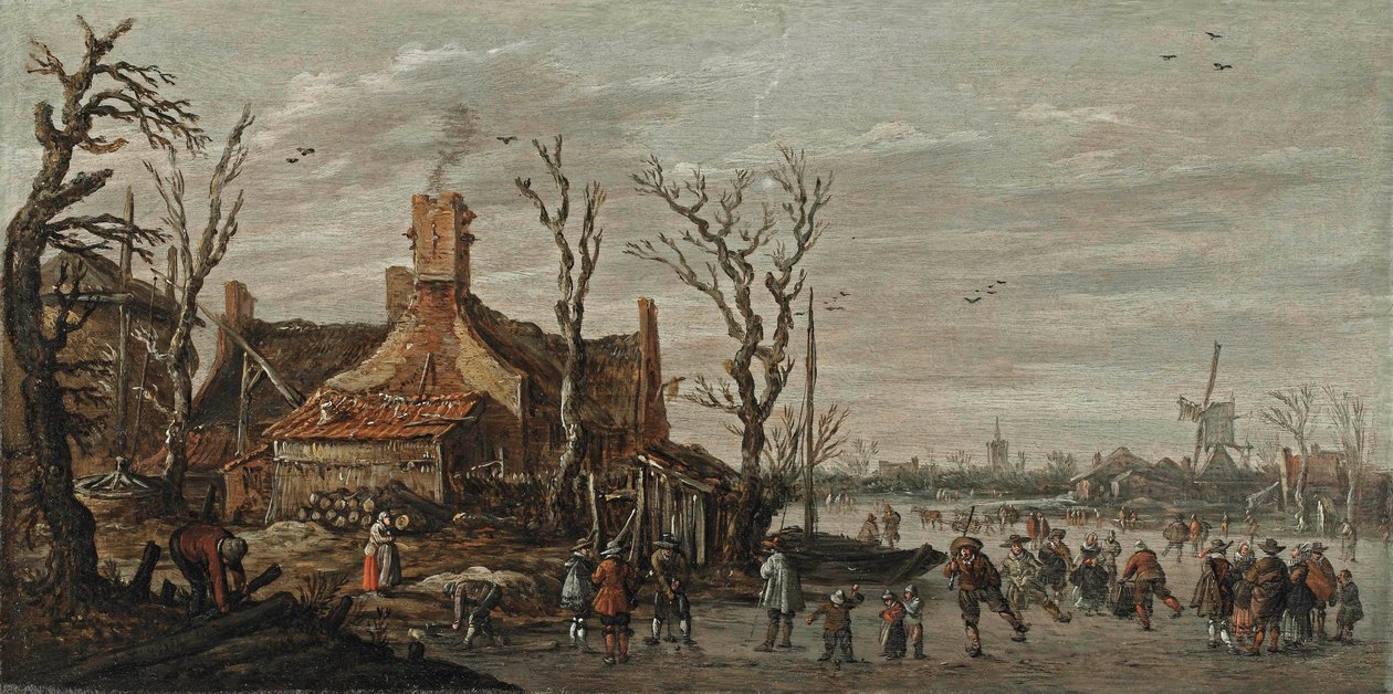 Zimowy krajobraz z postaciami na lodzie w pobliżu chaty autorstwa Jan van Goyen