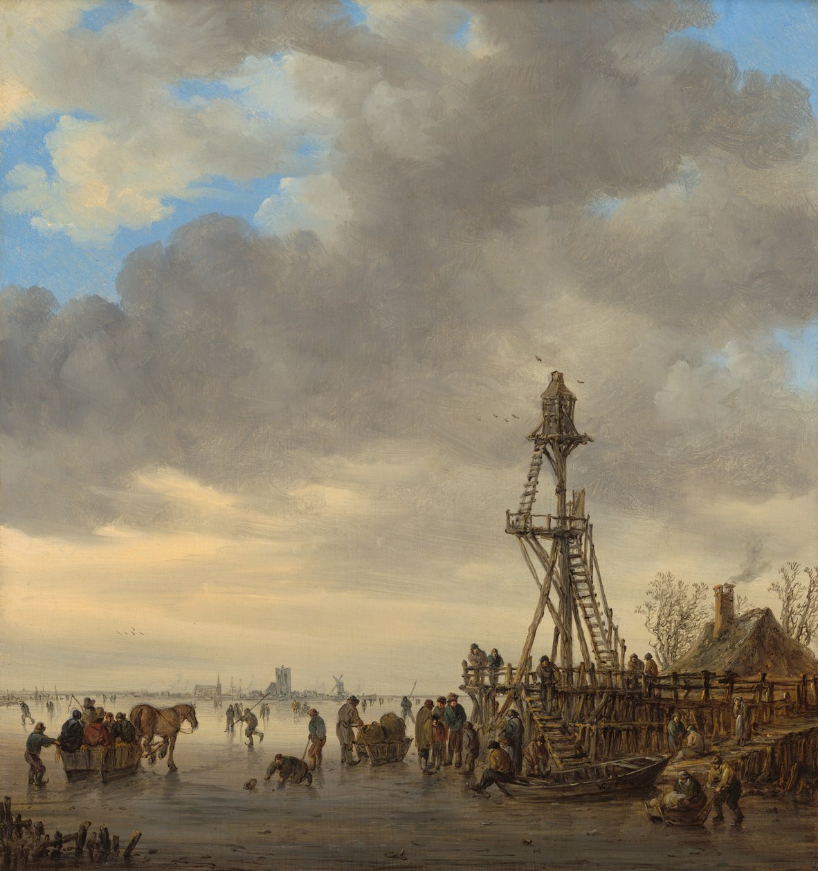 Zimowy krajobraz z zamarzniętym jeziorem, łyżwiarzami i drewnianą wieżą widokową autorstwa Jan van Goyen