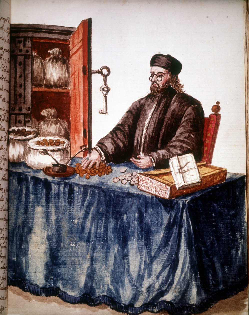 Bankier w Wenecji. Rysunek akwarelowy i tusz z rękopisu „Zwyczajności Wenecjan” Jana van Grevenbroeka (lub Giovanniego Grevenbroicha (Grevenbroich) (1731-1807) autorstwa Jan van Grevenbroeck