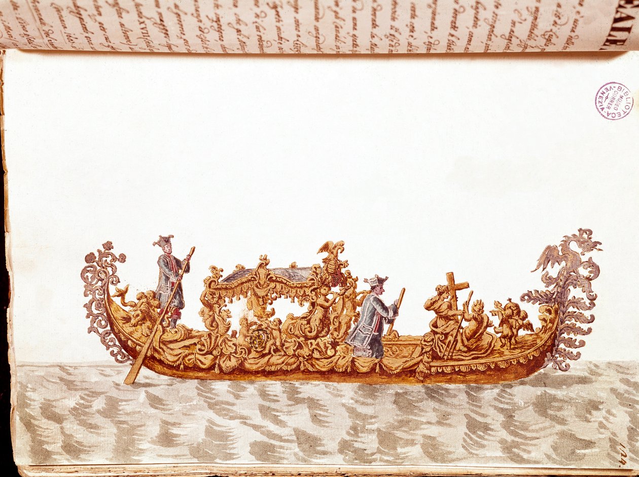 Gondola królewska - Rysunek akwarelowy i tusz z rękopisu „Zwyczajności Wenecji” Jana van Grevenbroek (lub Giovanni Grevenbroich (Grevenbroich) (1731-1807) autorstwa Jan van Grevenbroeck