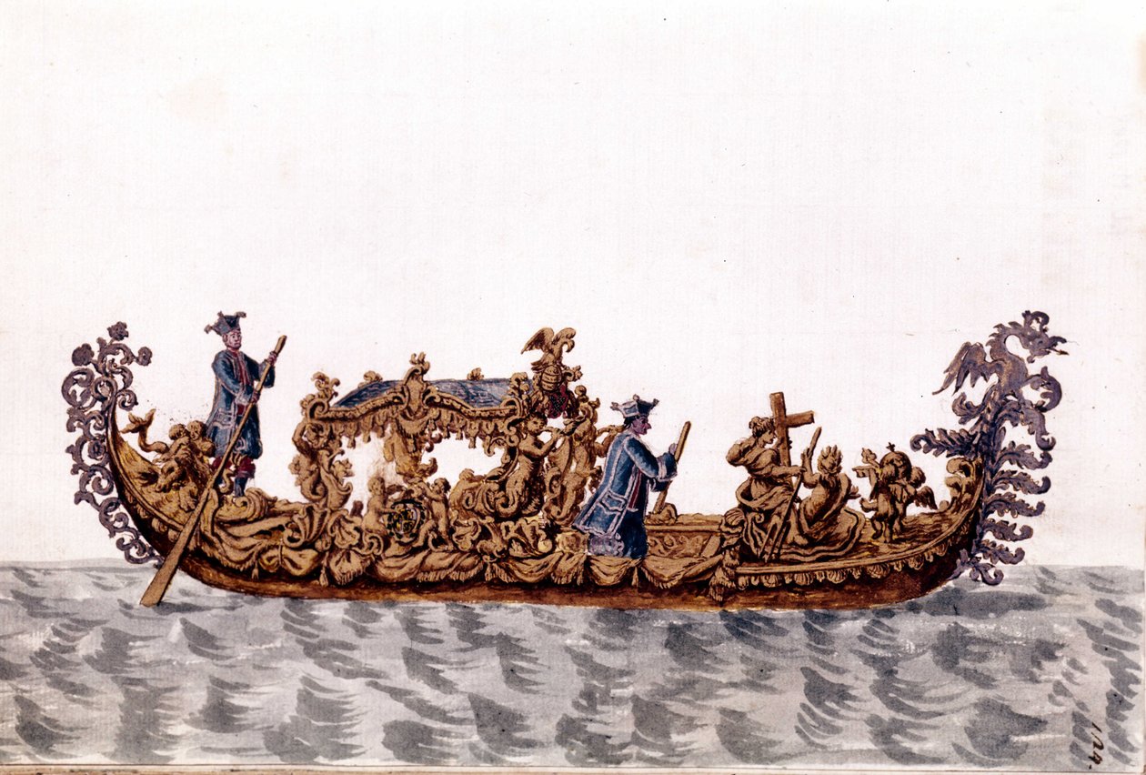 Gondola królewska. Rysunek akwarelowy i tusz z rękopisu „Zwyczajności Wenecjan” Jana van Grevenbroeka (lub Giovanniego Grevenbroicha (Grevenbroich) (1731-1807) autorstwa Jan van Grevenbroeck