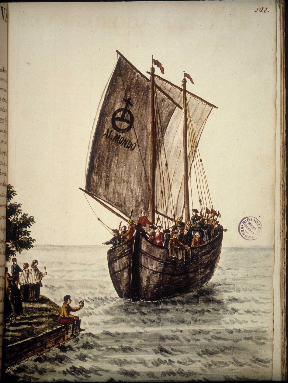Łódź pielgrzymów. Rysunek akwarelowy i tusz z rękopisu „Zwyczajności Wenecjan” Jana van Grevenbroeka (lub Giovanniego Grevenbroicha (Grevenbroich) (1731-1807) autorstwa Jan van Grevenbroeck