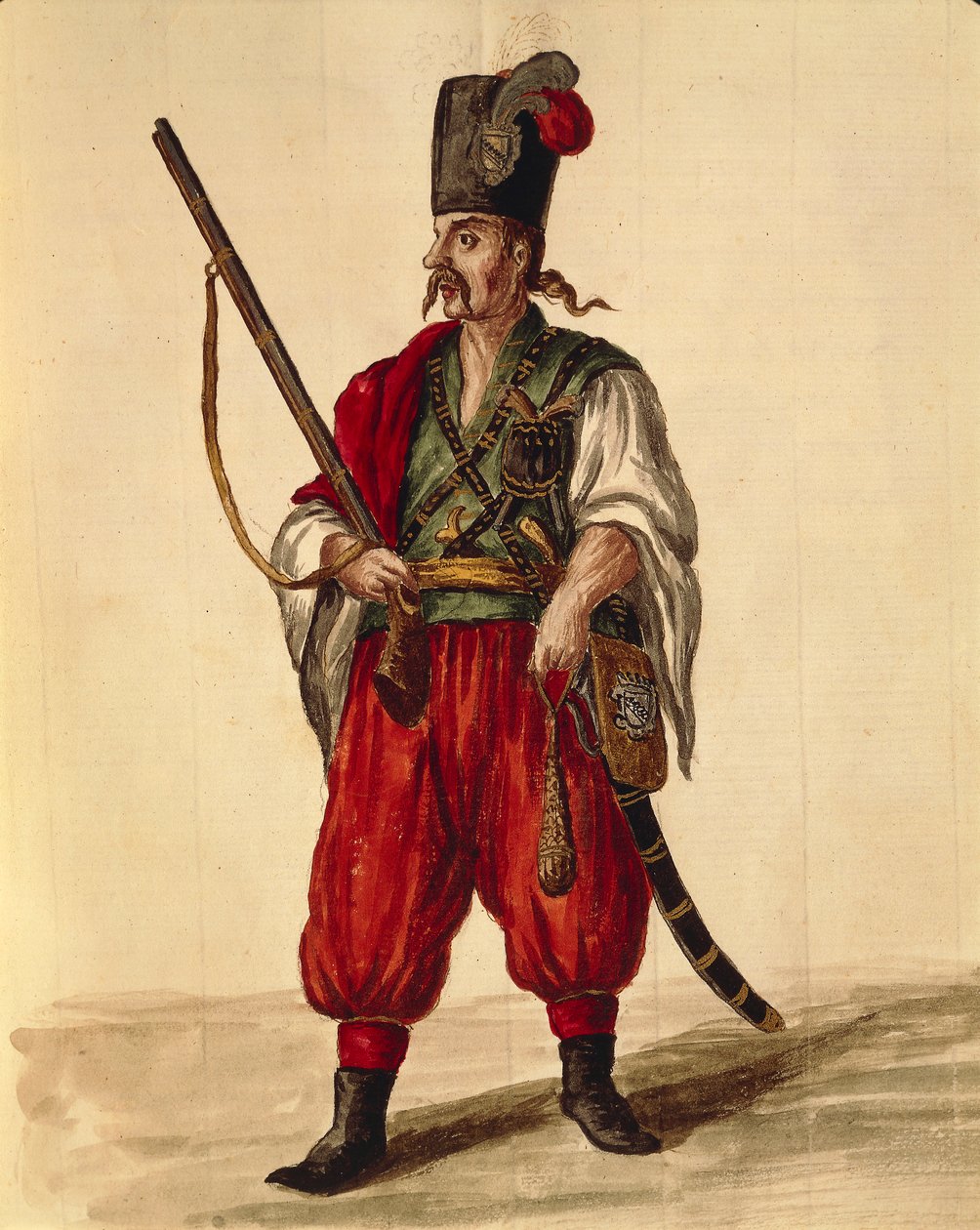 Mundur karabińczyka, autorstwa Jana van Grevenbroecka lub Giovanniego Grevembrocha (1731-1807), Gli Donne de Veneziani, z ilustrowanej księgi kostiumów, akwarela autorstwa Jan van Grevenbroeck