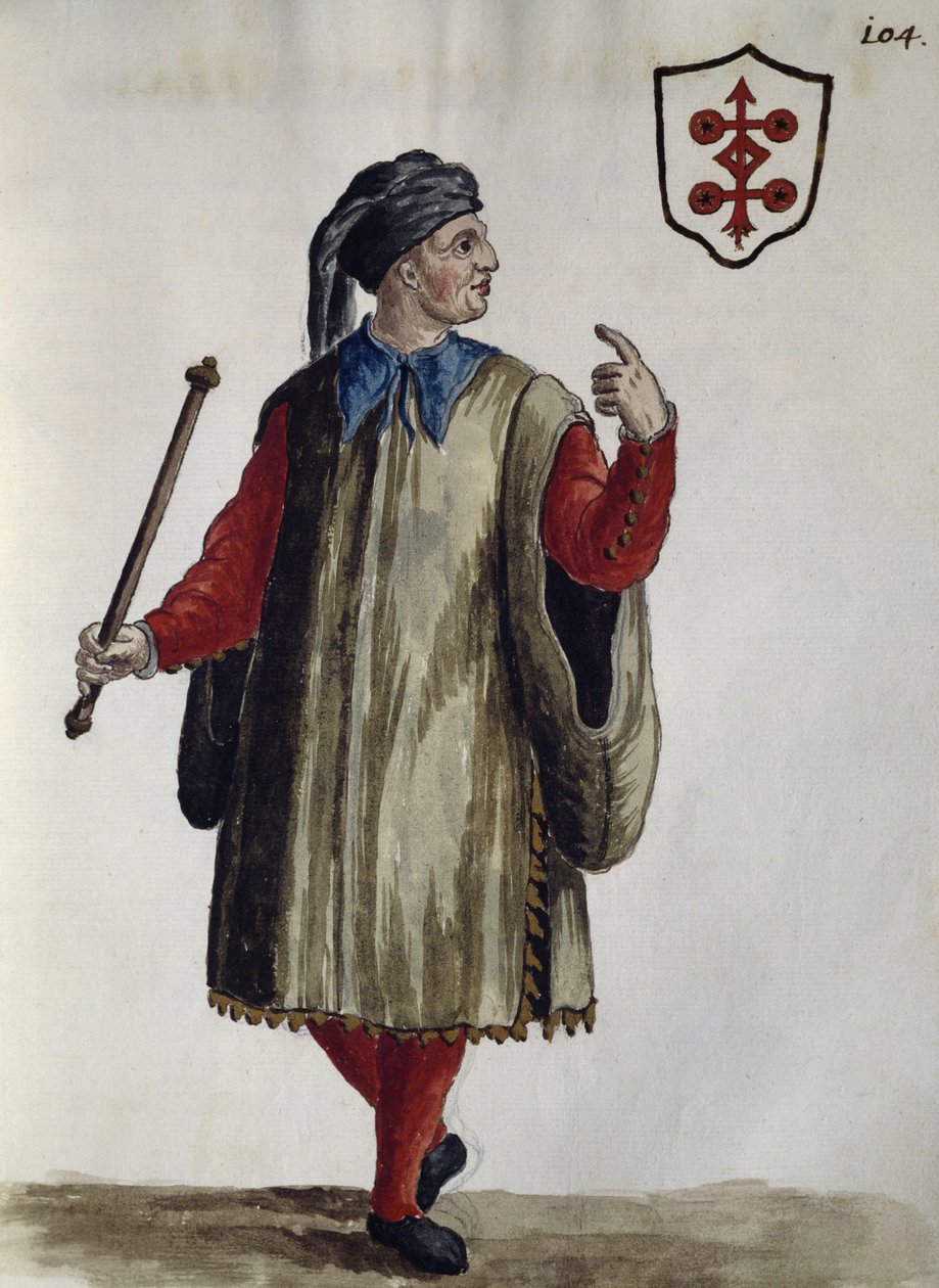 Suknia Carrarese, akwarela z stroju weneckiego, niemal w każdym wieku, starannie zebrana i namalowana w XVIII wieku, Jan van Grevenbroek lub Giovanni Grevenbroich (1731-1807), Włochy autorstwa Jan van Grevenbroeck