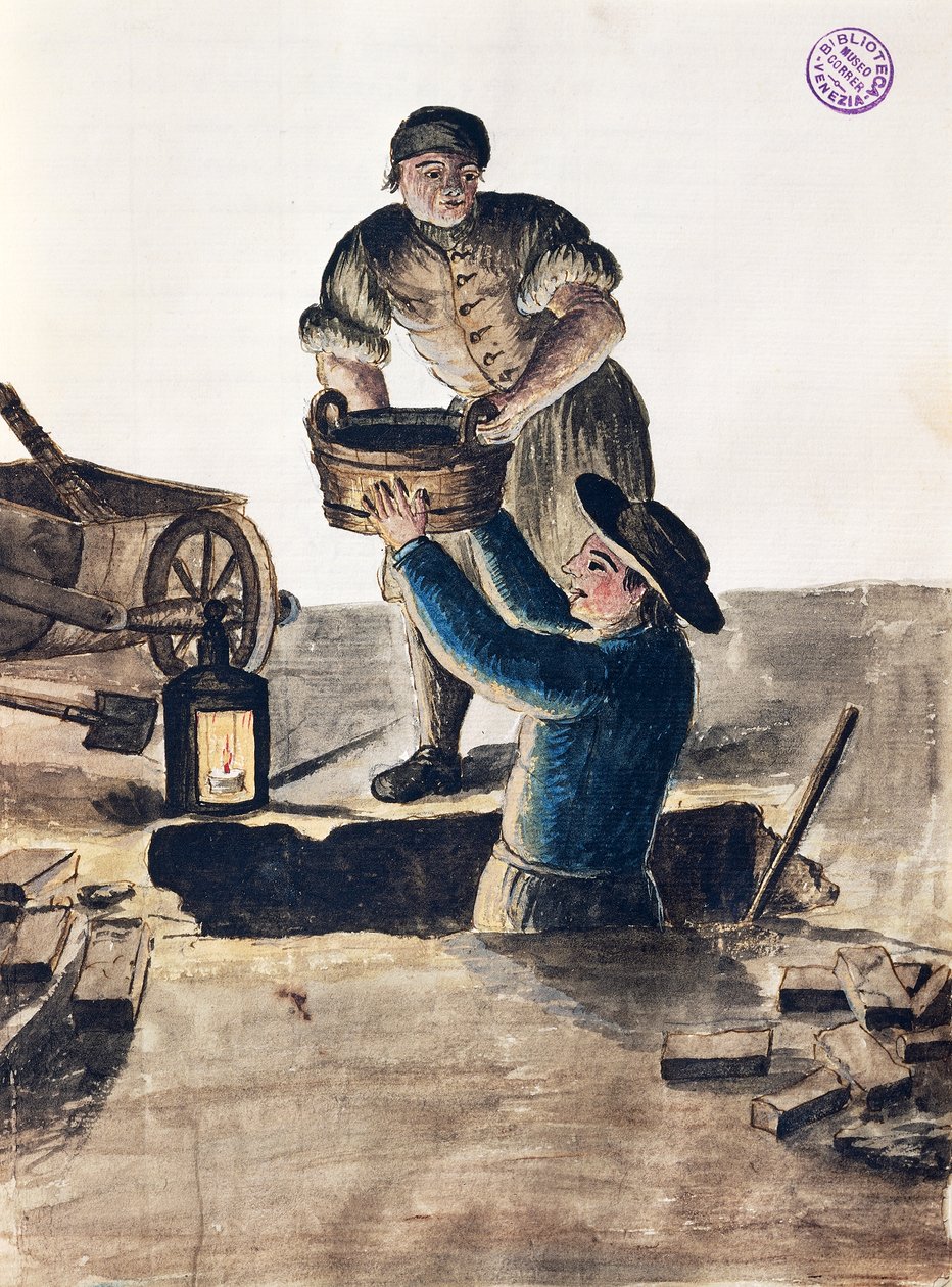 Czyszczenie kanalizacji publicznej, ilustracja z Ilustrowanej księgi strojów weneckich, Jan Grevenbroeck (1731-1807), akwarela, Włochy autorstwa Jan van Grevenbroeck