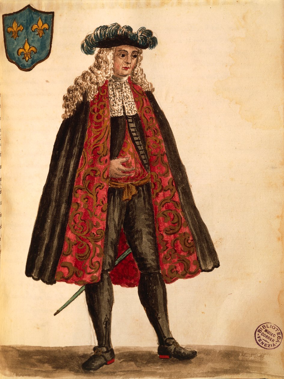 Ambasador Francji, Jan van Grevenbroeck lub Giovanni Grevembroch (1731-1807), Gli Abiti de Veneziani, z ilustrowanej księgi kostiumów, akwarela autorstwa Jan van Grevenbroeck